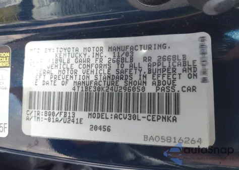 2004 Toyota Camry Le z USA, uszkodzony, nr VIN 4T1BE30K24U296050